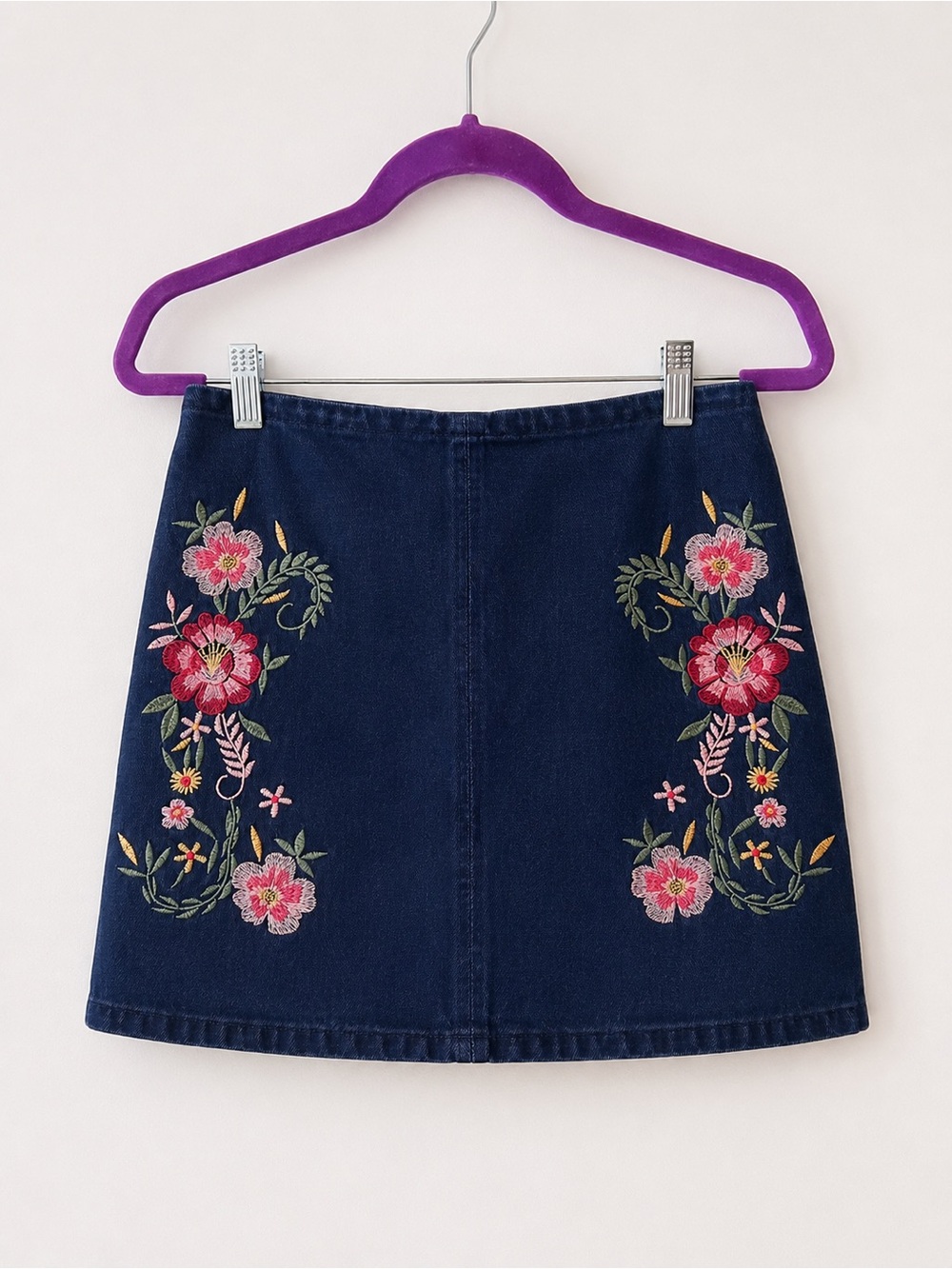 Embroidered Denim Mini Skirt Floral Blue High Waist Vintage Chic Size M